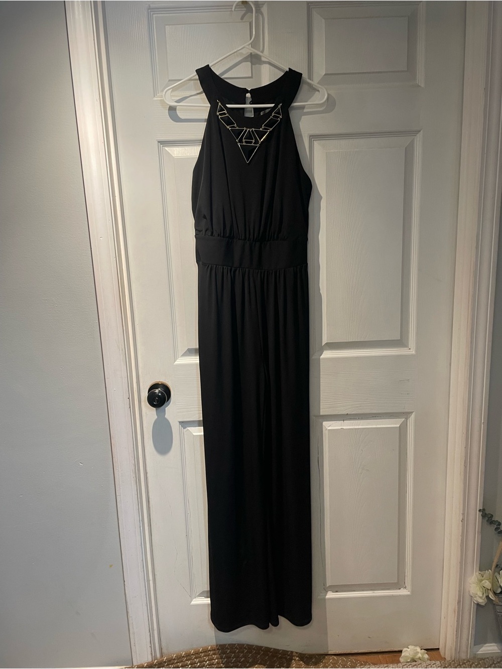 Luxology Black Sleeveless Halter Jumpsuit Geometric Metallic necklace Medium